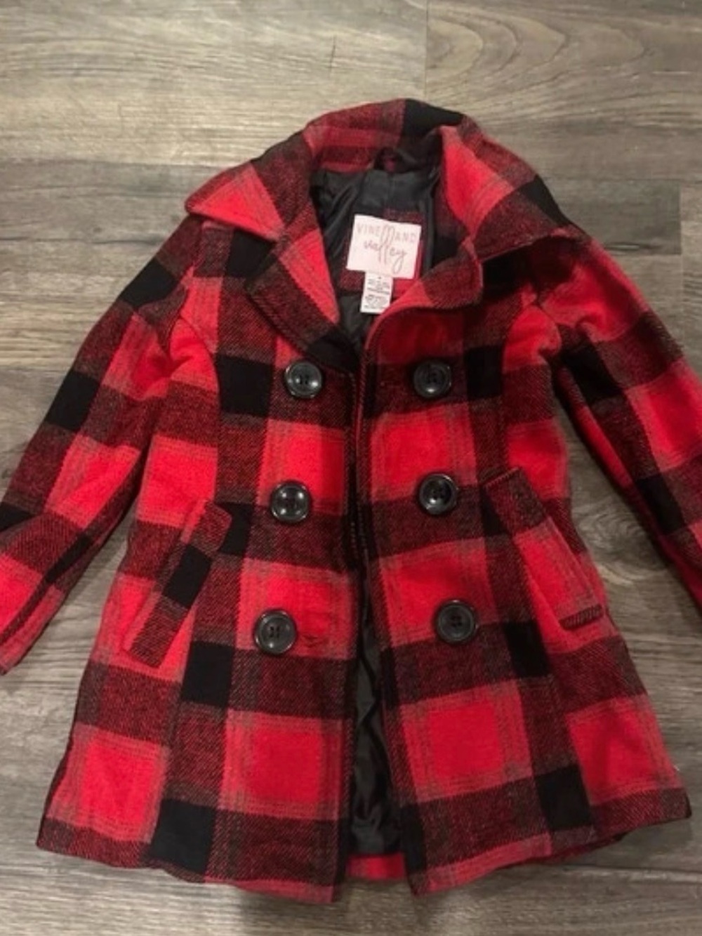 Red and Black Plaid Double-Breasted Peacoat for Kids